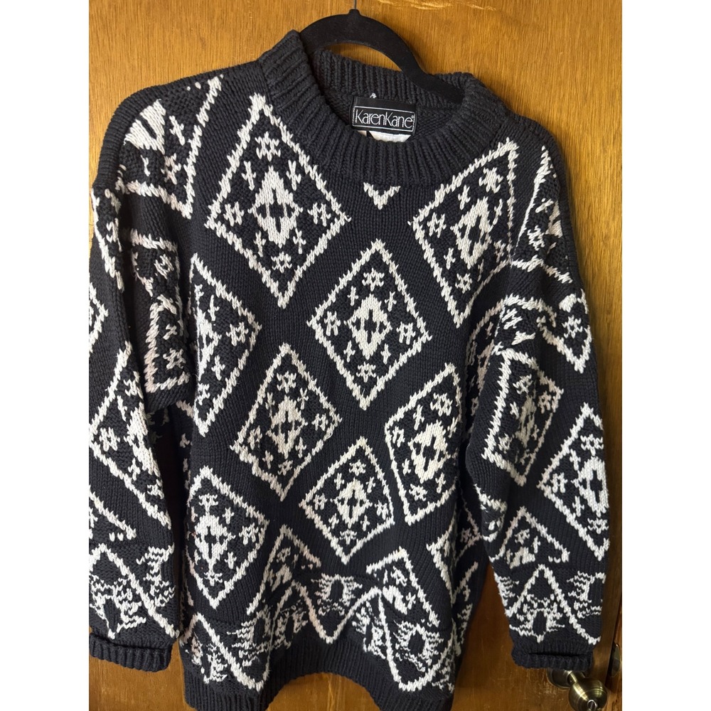 Karen Kane Hand Knit Sweater XS Black White Diamond Geometric Cotton Pullover